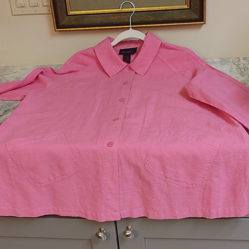 Denim & Co. Pink Oversized Linen Cotton Shirt Patch Pockets Size M - Picture 15 of 15